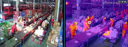 Рабочие на складе: обычная камера и изображение с тепловизионной камеры
