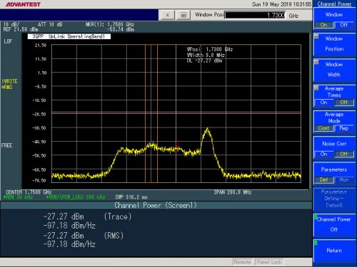 Имитация работы двух базовых станций. Частоты 1820мГц и 1865мГц, полоса сигналов 5мГц. Модуляция QPSK